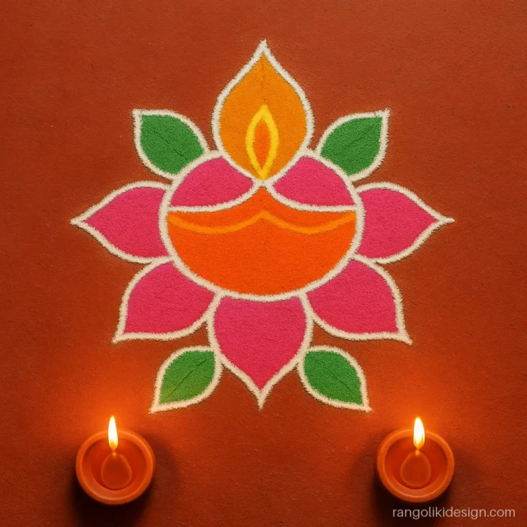 Easy rangoli designs for Diwali for kids with a diya on a lotus