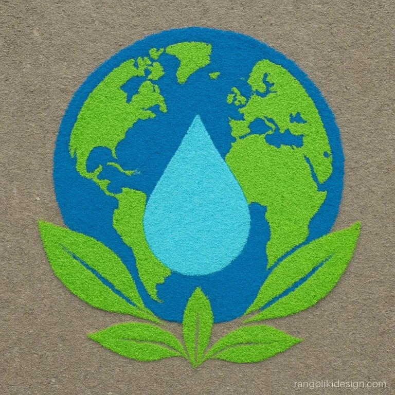 Kids rangoli design for school on save water with a globe and drop
