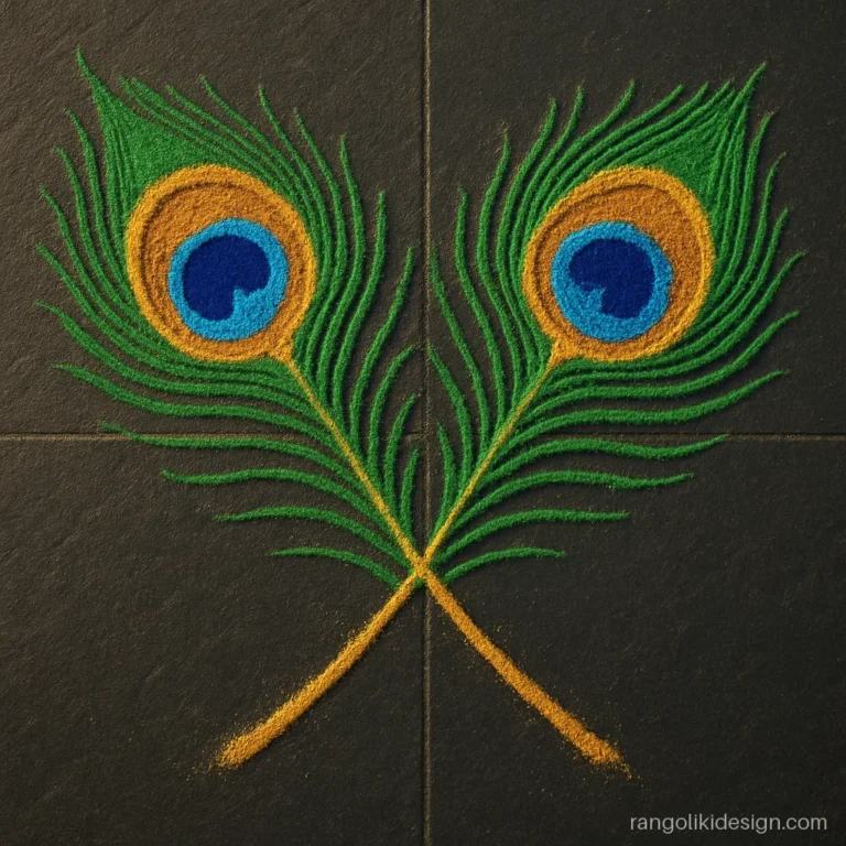 Beautiful easy rangoli designs for kids of two crossed peacock feathers