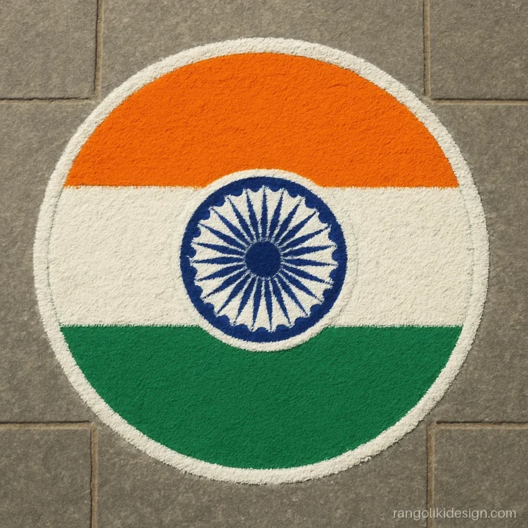 Simple rangoli design for school with tricolour bands and a blue wheel