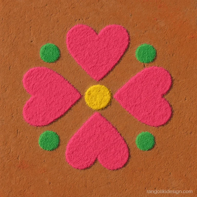 Simple rangoli design for kids of four hearts making a flower