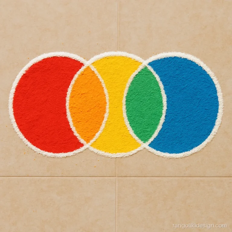Easy rangoli designs for kids with three rainbow circles