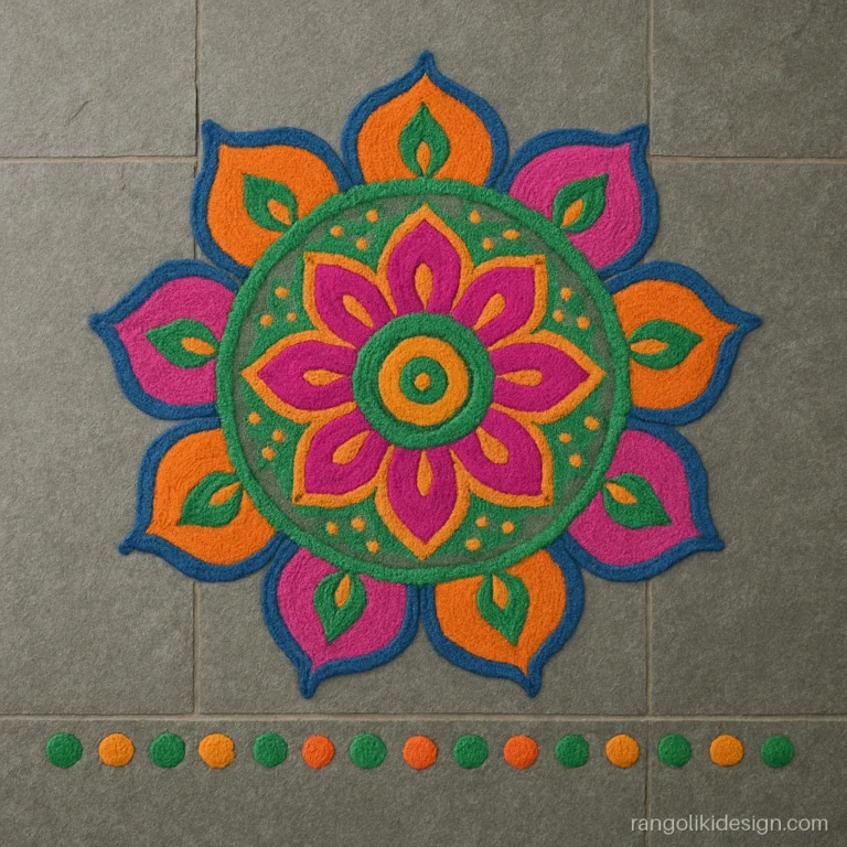 Simple rangoli designs for kids with a stencil dot border