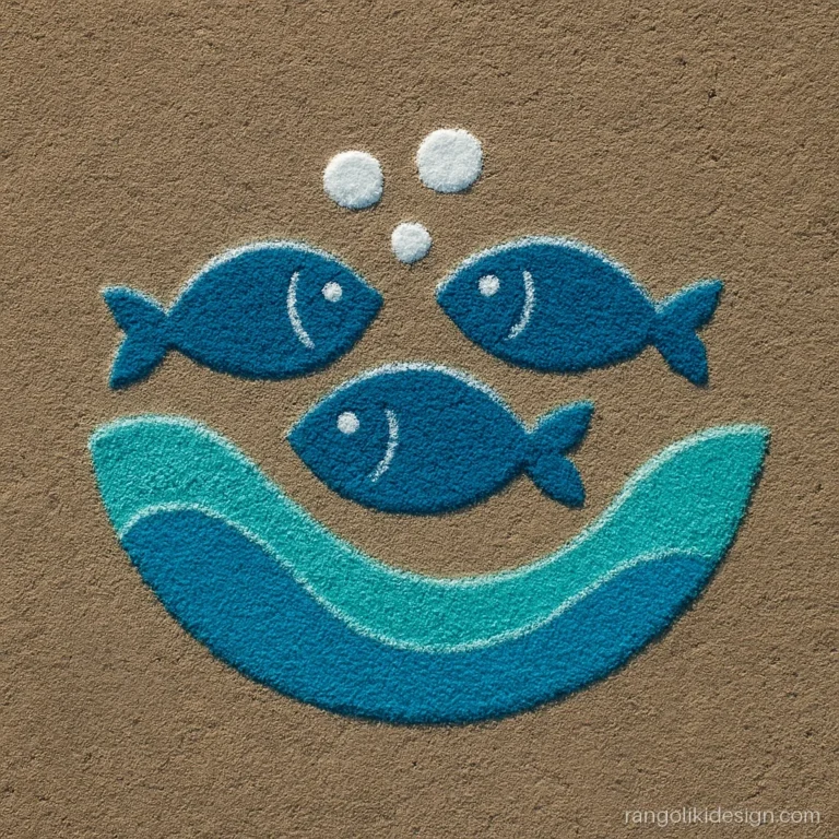 Small easy rangoli designs for kids with fish stencils in a wave