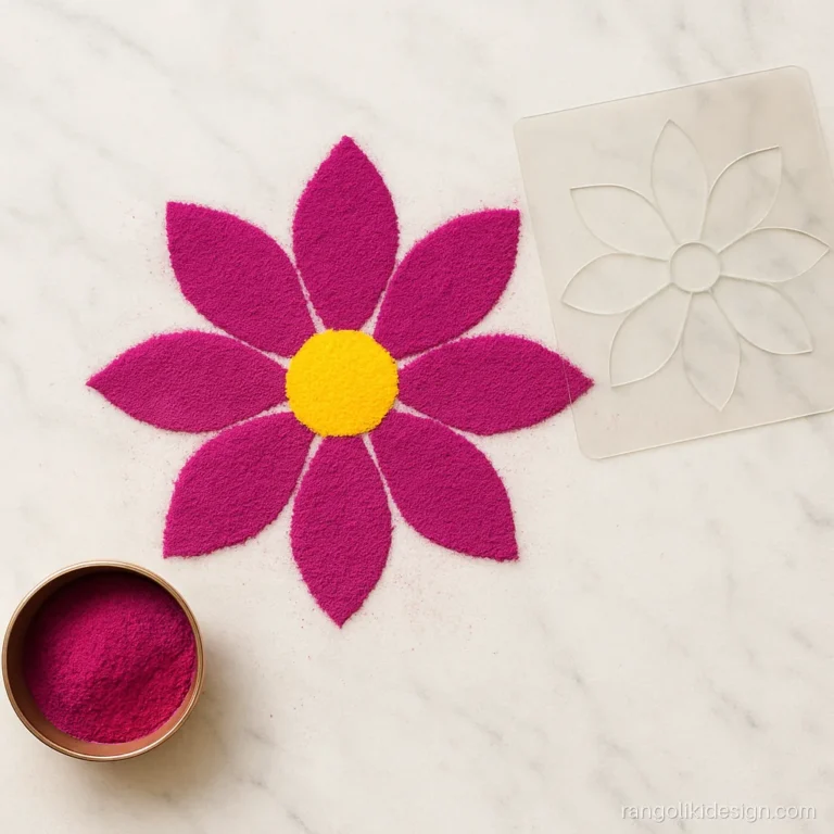 Easy rangoli designs for kids made with a flower stencil sheet
