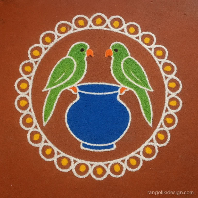 Rangoli kolam designs with colours showing two green parrots and a blue pot