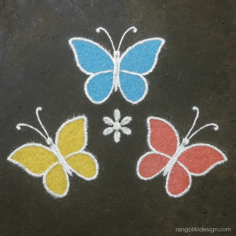Simple new rangoli kolam design with three colourful butterflies