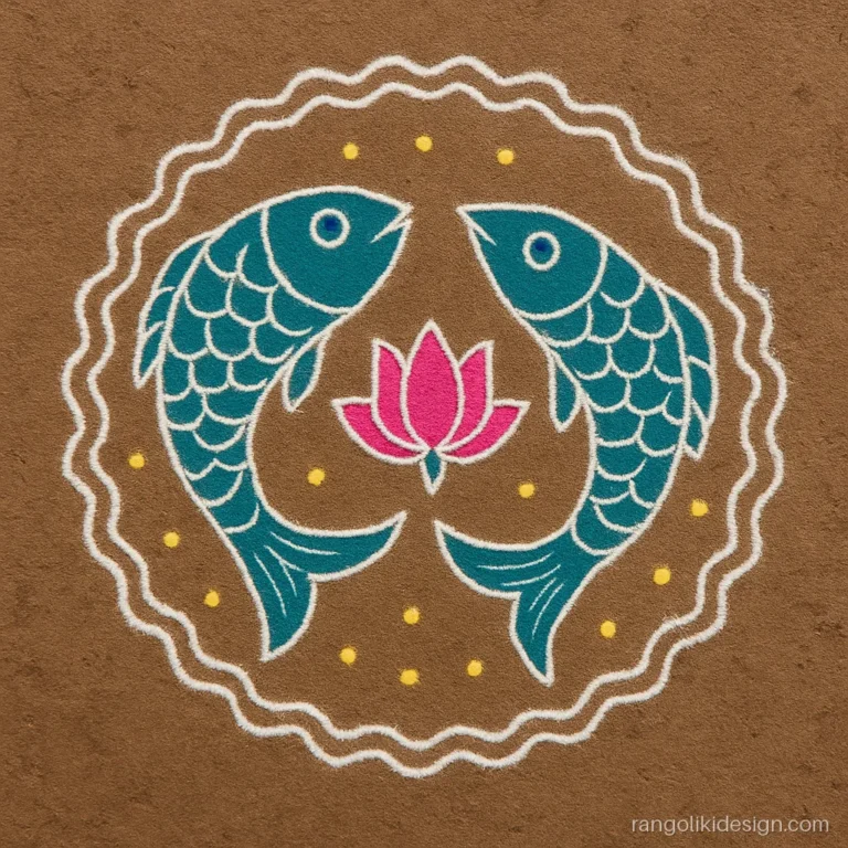 Rangoli kolam design with colours showing two teal fish circling a lotus