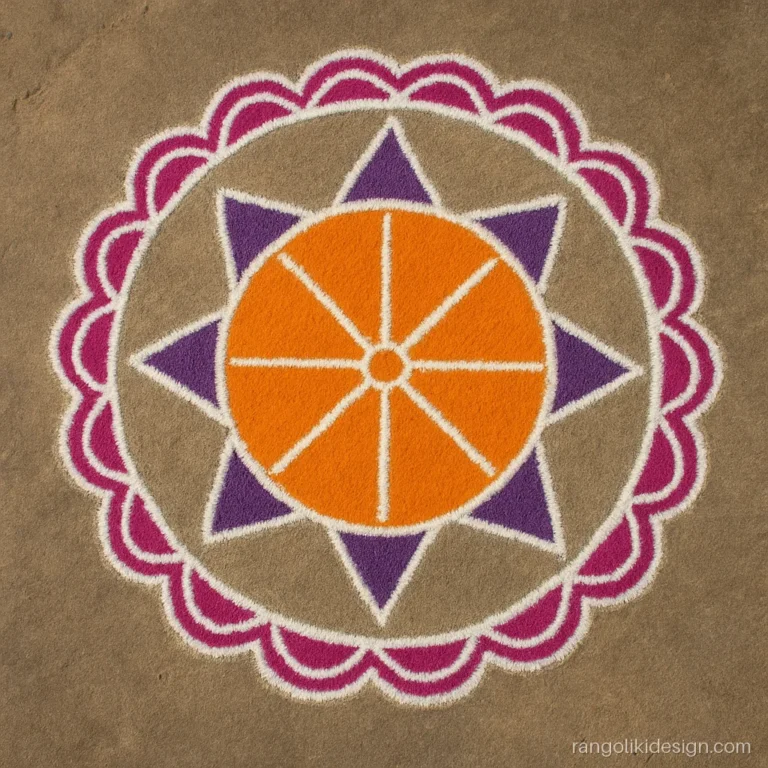 Muggulu modern rangoli kolam design with colours, orange chakra and purple border
