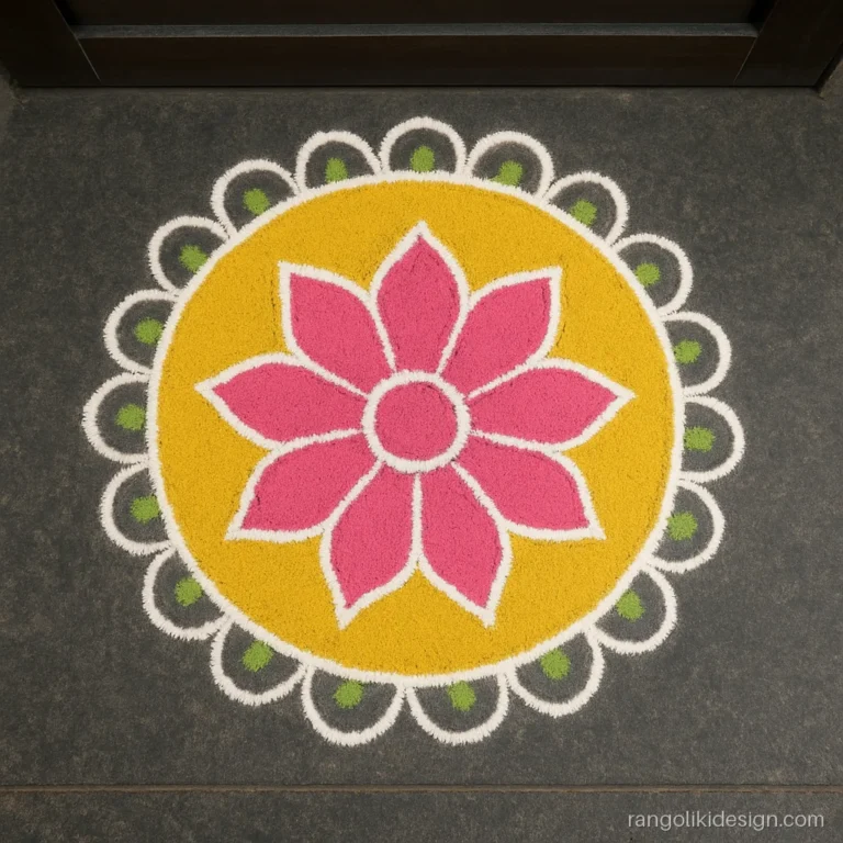 Modern rangoli kolam design with colours, pink lotus inside a yellow ring