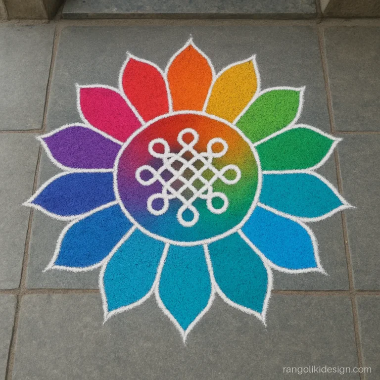 New rangoli kolam design with colours in a rainbow petal wheel