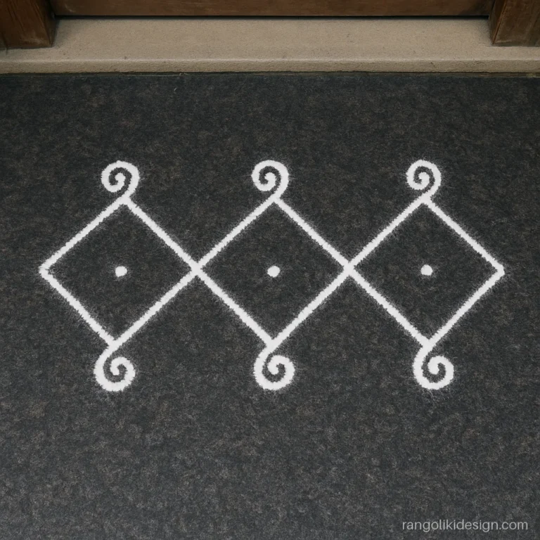 White daily rangoli kolam of linked diamonds with curled corners at a house entrance