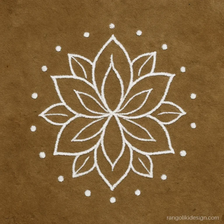 Free hand daily kolam with a six-petal white lotus and leaf flicks on mud floor