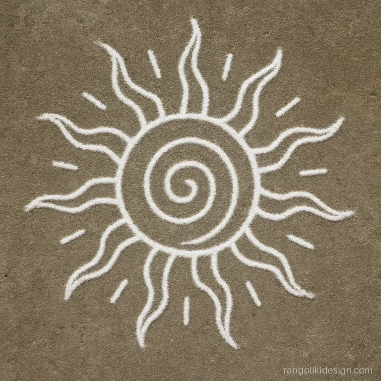 Free hand white kolam of a round sun with wavy rays for daily use
