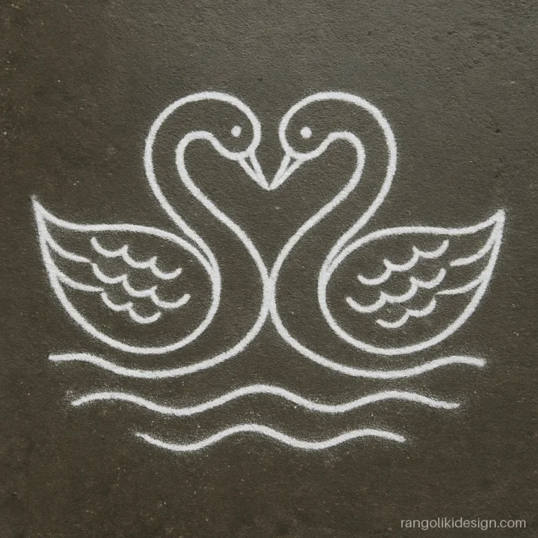 White rangoli kolam with two facing swans drawn in loops beside a doorway