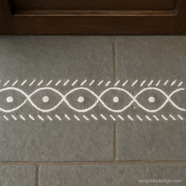 Simple white kolam strip of wave lines and dots across a front door threshold