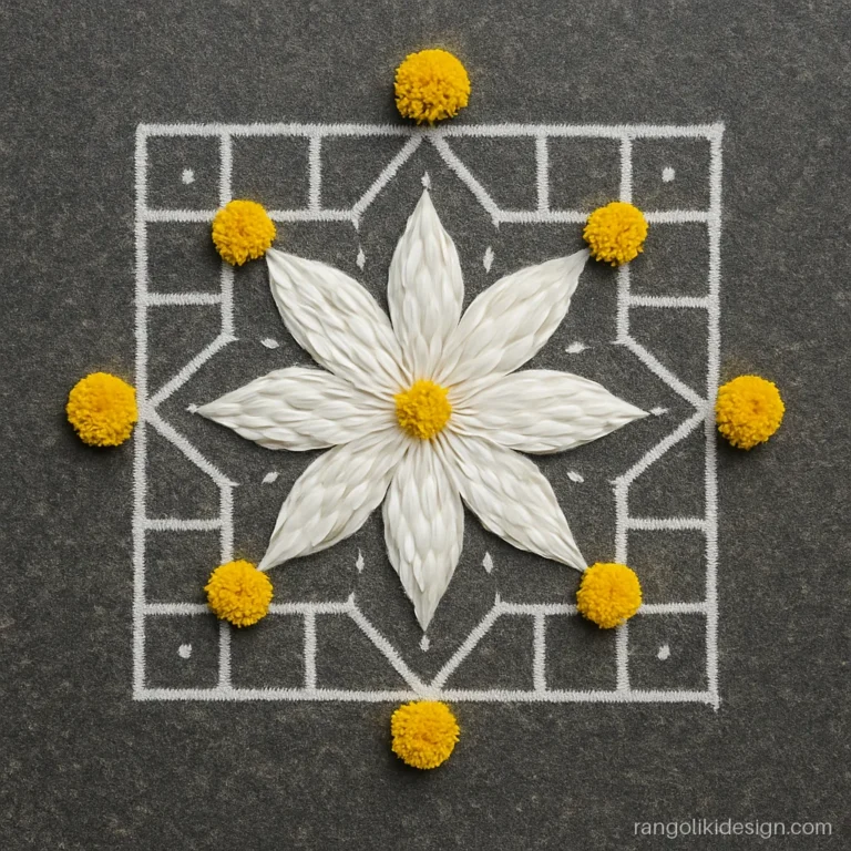 Rangoli kolam designs with flowers, a white chrysanthemum star on dark granite