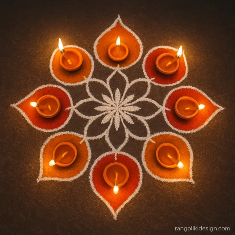 Kolam rangoli design for Diwali with a ring of diyas and white loops