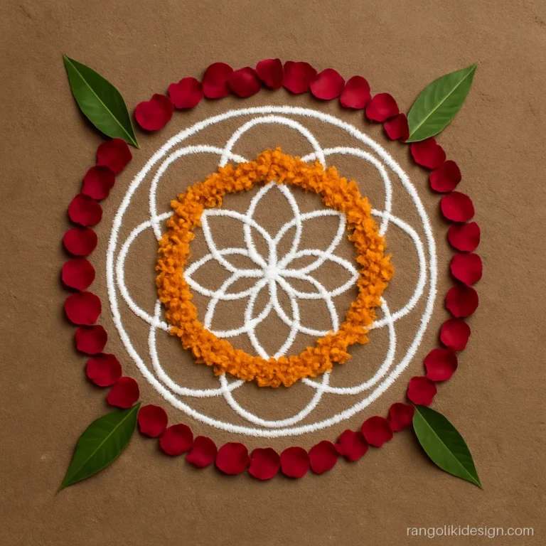 Attractive rangoli kolam design with flowers, marigold petals inside a white kolam
