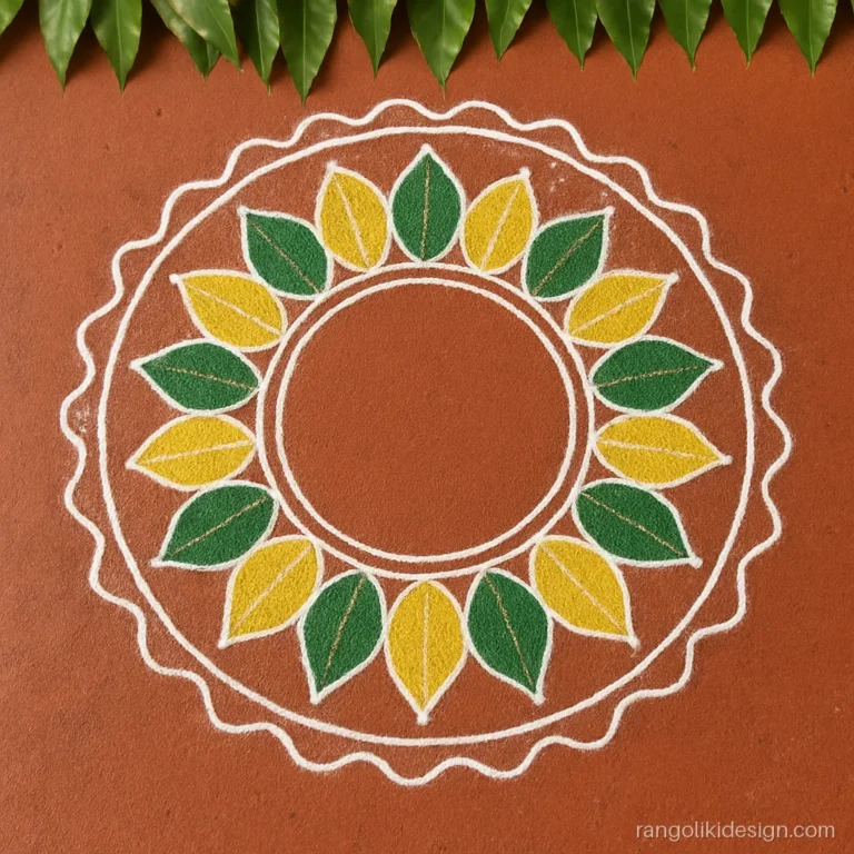 New rangoli kolam design for new year with a sun wheel and leaves