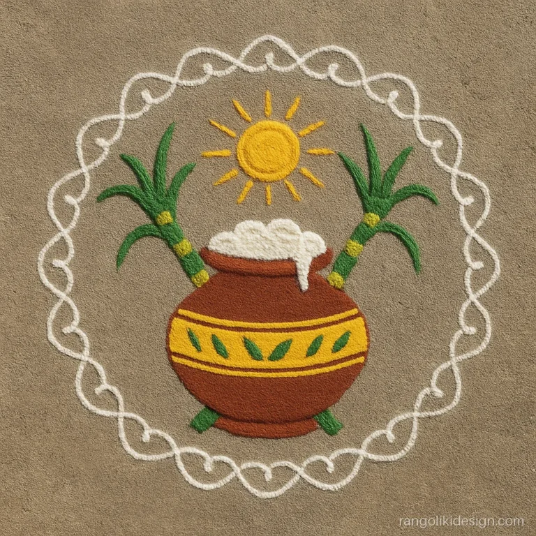 Easy rangoli designs pongal kolam with a pongal pot and sugarcane