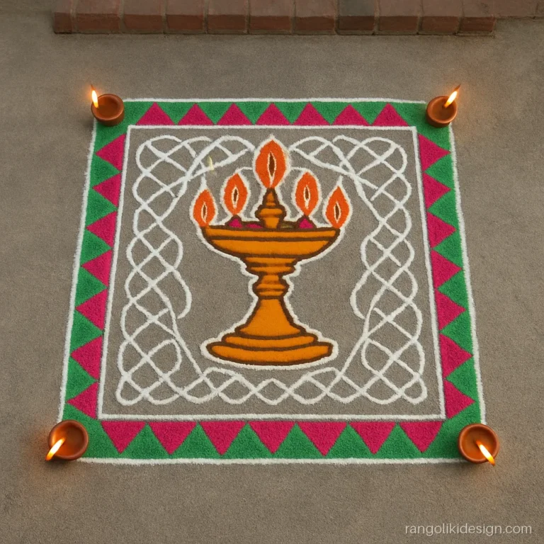 Big rangoli kolam design with colours showing a kuthu vilakku lamp