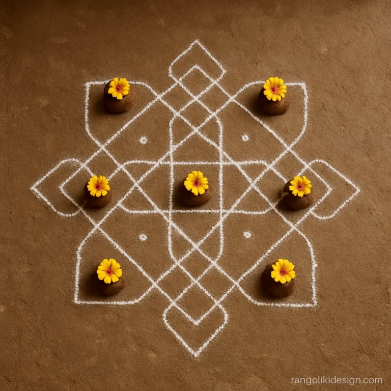 Muggulu rangoli design with gobbemma cow-dung balls on a dot kolam
