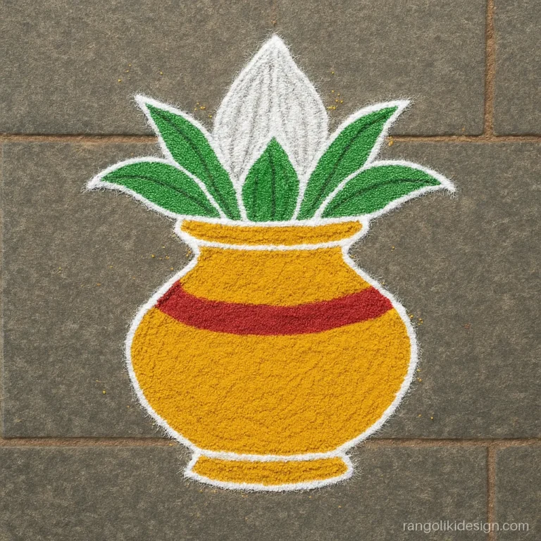 Muggulu rangoli design with a kalash and coconut on a 7 to 4 grid
