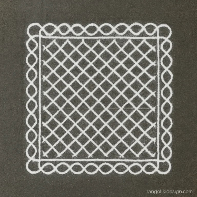 White muggulu rangoli design of a lattice square on a 10 by 10 grid
