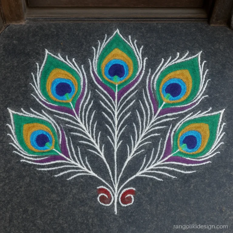Muggulu modern rangoli kolam design with a peacock feather fan in colours