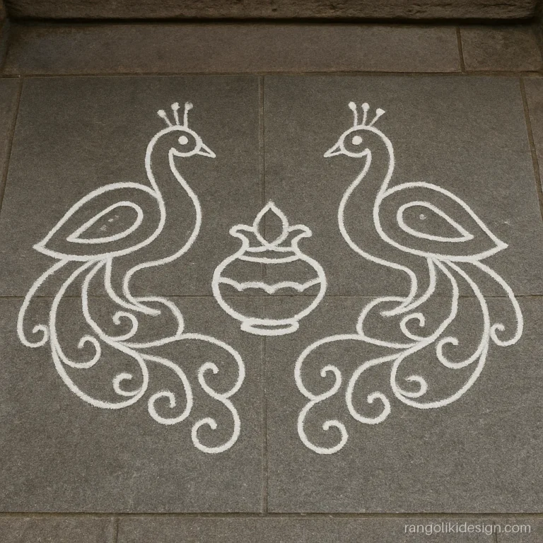 Peacock rangoli kolam design with dots on an 11 to 6 grid