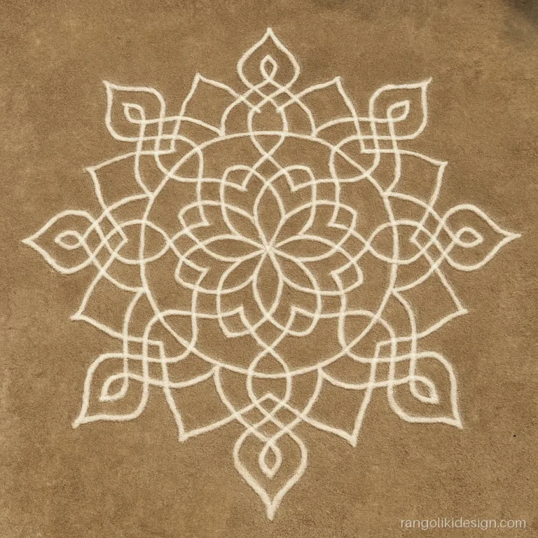 Big rangoli kolam design with dots on a 15 to 8 grid with mandala