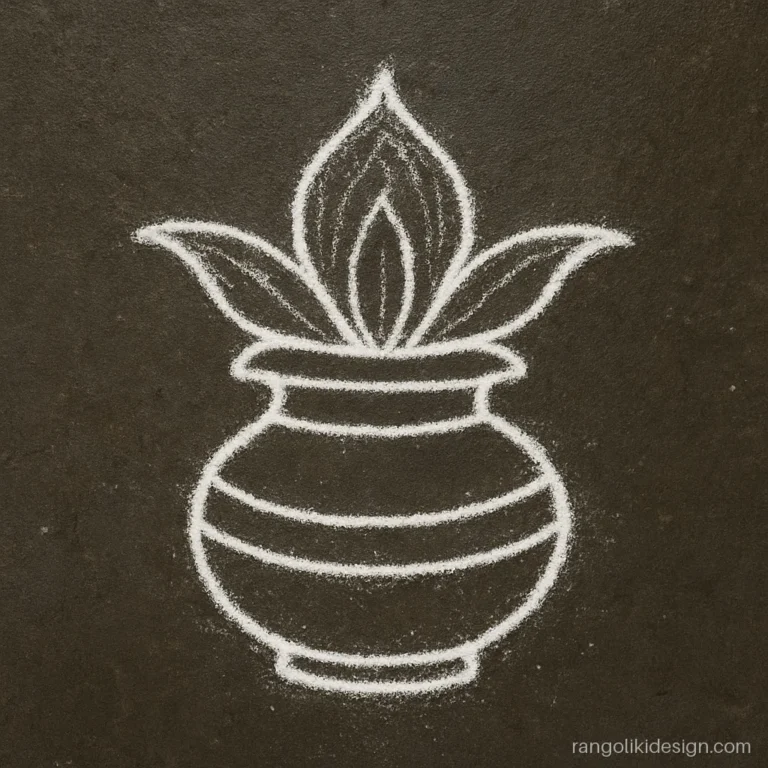Small kolam with dots on a 5 to 3 grid shaped like a kalash