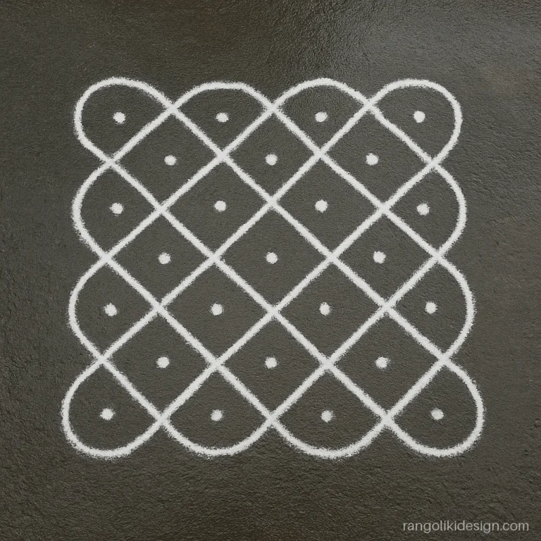 Pulli kolam with dots on a 5 by 5 grid forming a looped square knot