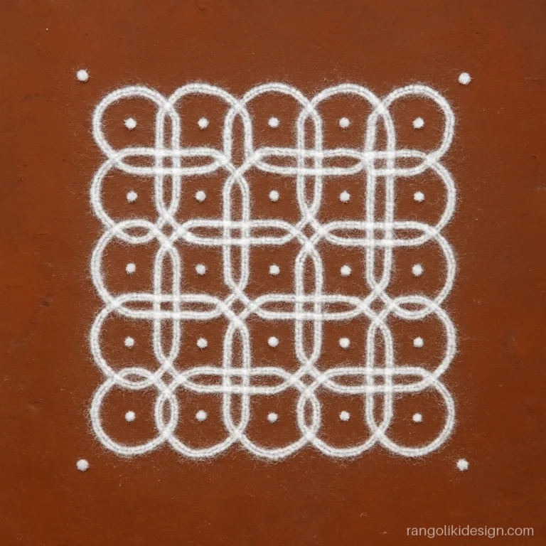 Pulli kolam on a 6 by 6 dot grid with interlaced chain links