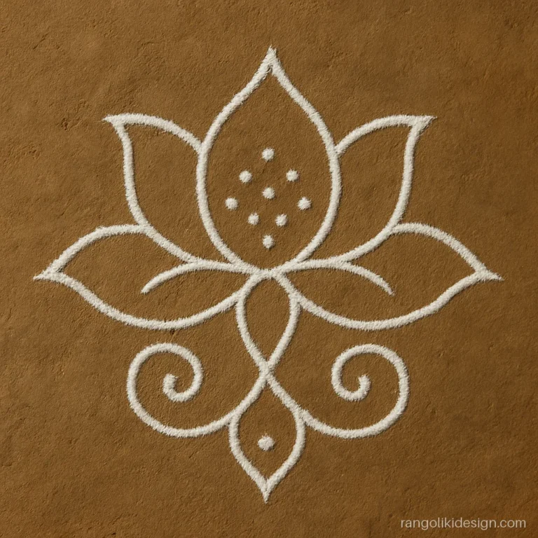 Kolam rangoli design with dots on a 7 to 4 grid showing a lotus