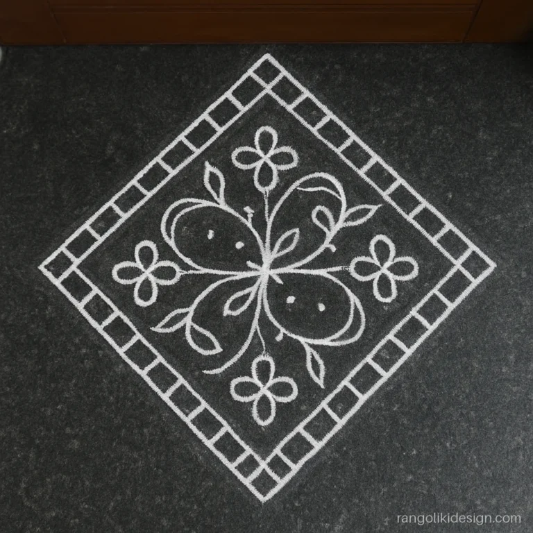 Chukki rangoli design on a 9 to 5 dot grid with flower and vine curves