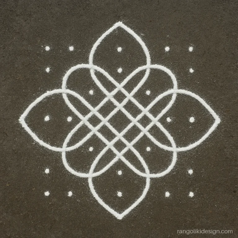 Sikku kolam drawn with one unbroken white line around a 5 to 1 dot grid