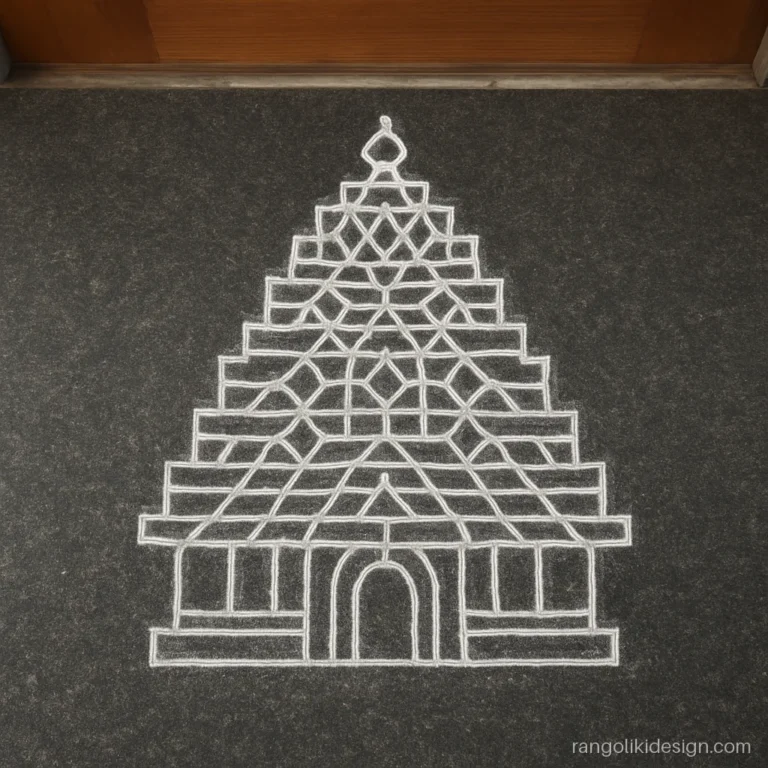 Sikku kolam shaped like a temple gopuram on a stepped dot grid