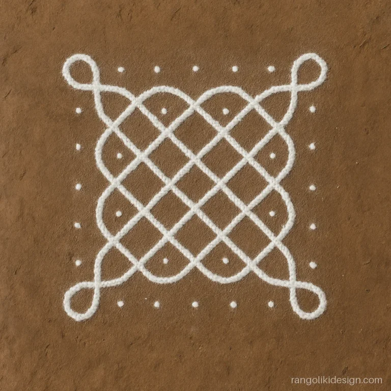 Line kolam with two interlaced white lines forming a braided square