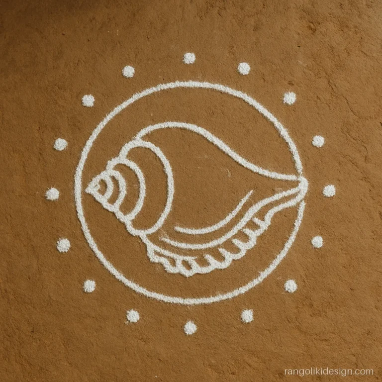 Small white kolam shaped like a shankh conch with curls