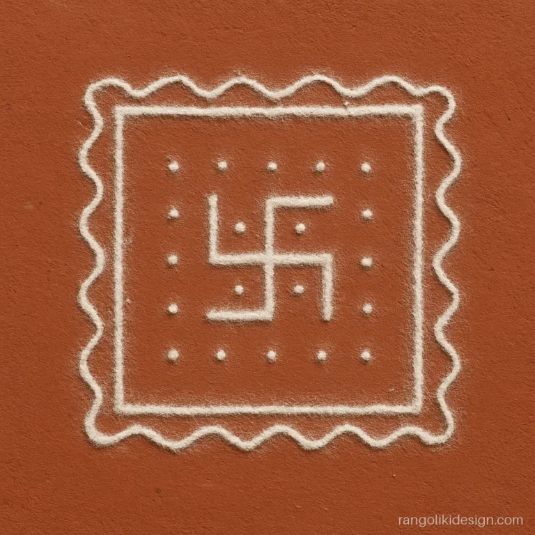 Small kolam with dots forming a swastik inside a square for daily pooja