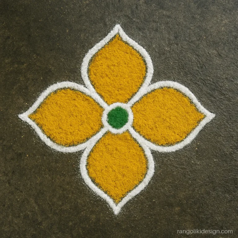 Small colourful kolam with a yellow flower on a 4 by 4 dot grid