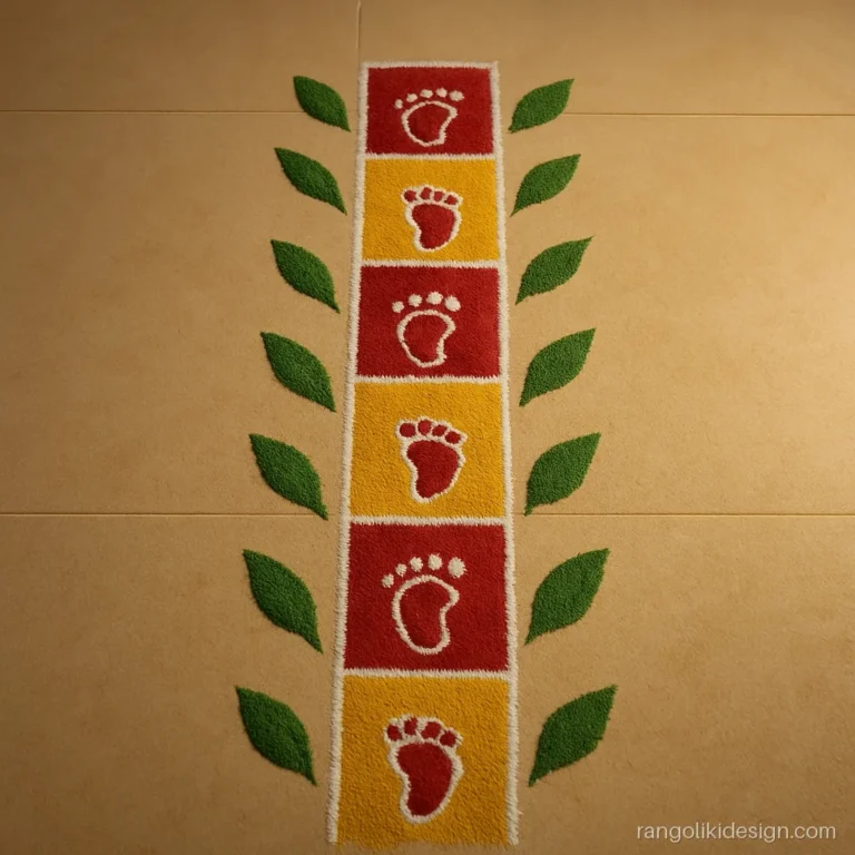 Laxmi charan rangoli with red feet on a yellow and red checker path