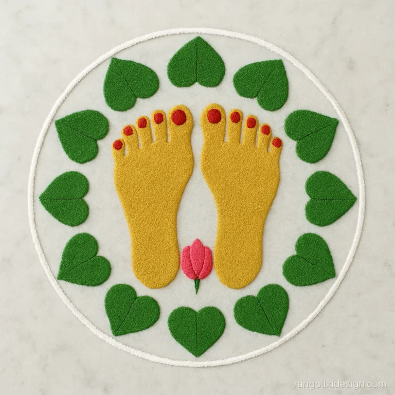 Laxmi rangoli simple with a pair of gold paduka feet on green betel leaves