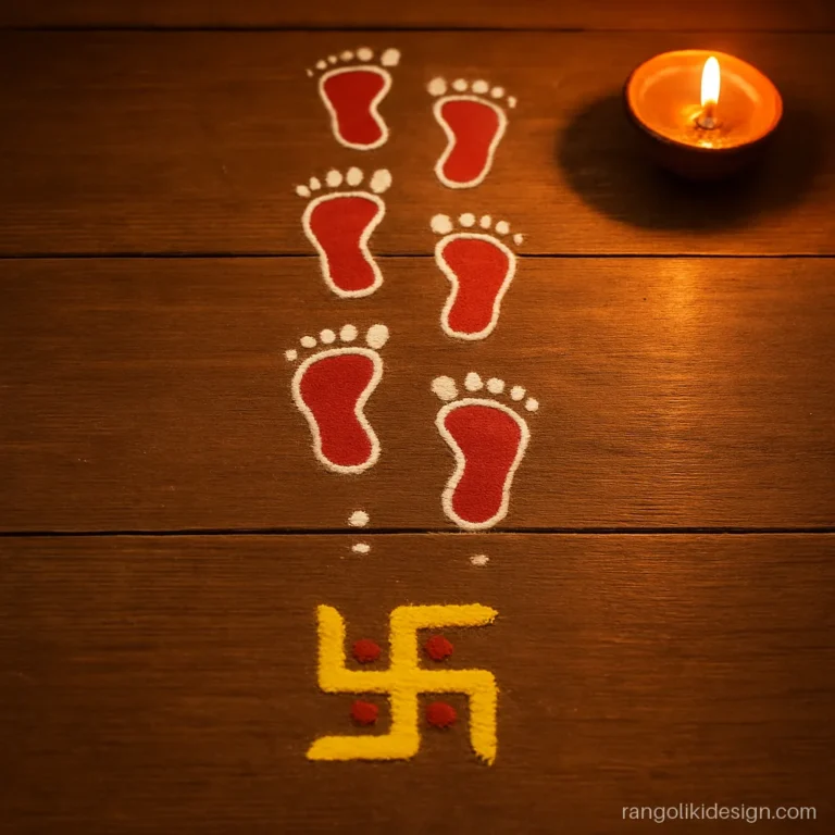 Laxmi feet rangoli design with red footprints walking in past a swastik at the door