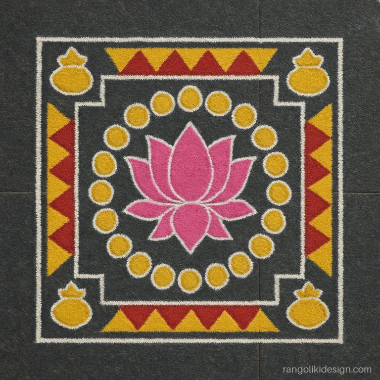 Laxmi puja rangoli designs with a square coin mandala and lotus centre