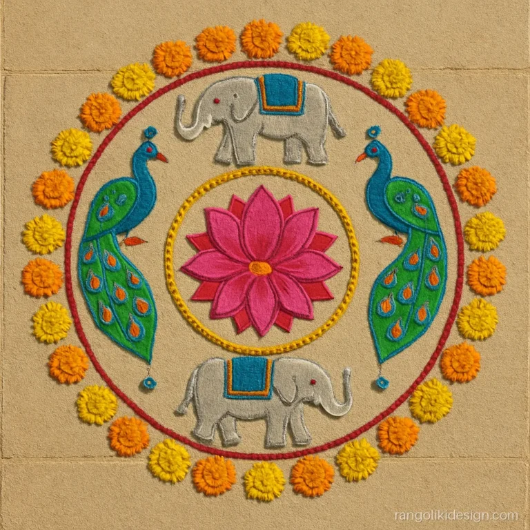 Laxmi mata rangoli designs for Diwali with elephants and peacocks around a lotus