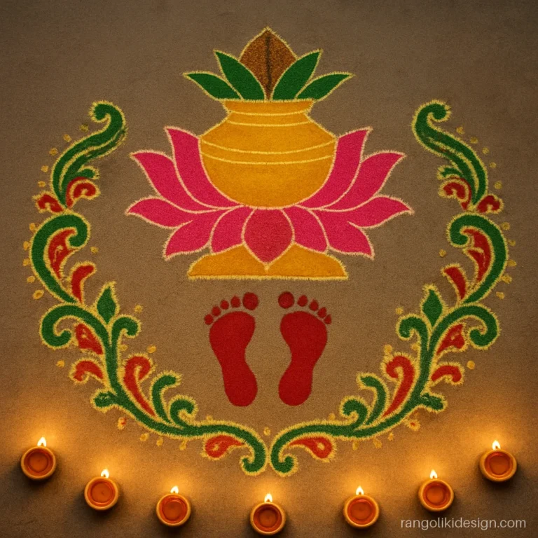 Laxmi pujan jeet rangoli designs for Diwali with lotus throne, kalash and feet