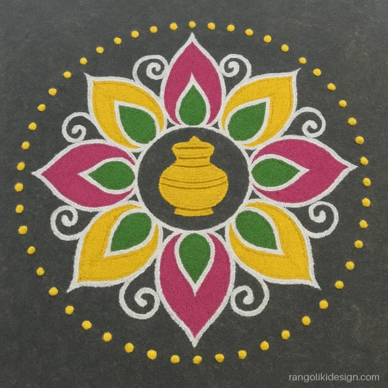 Laxmi rangoli design in Sanskar Bharti strokes with lotus and kalash